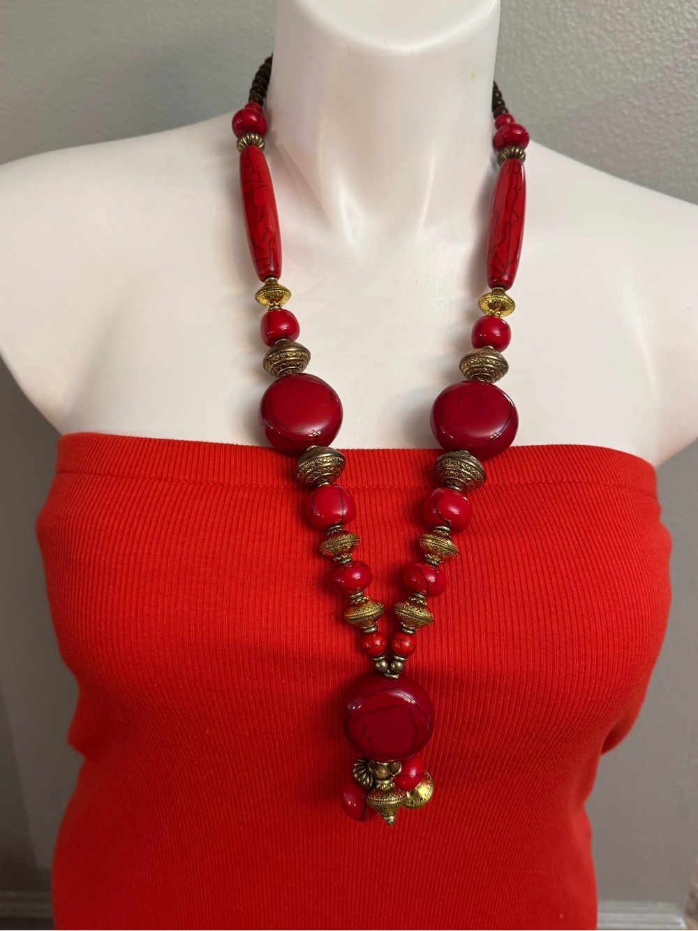 Statement Red Beaded Necklace with Antique Gold Accents